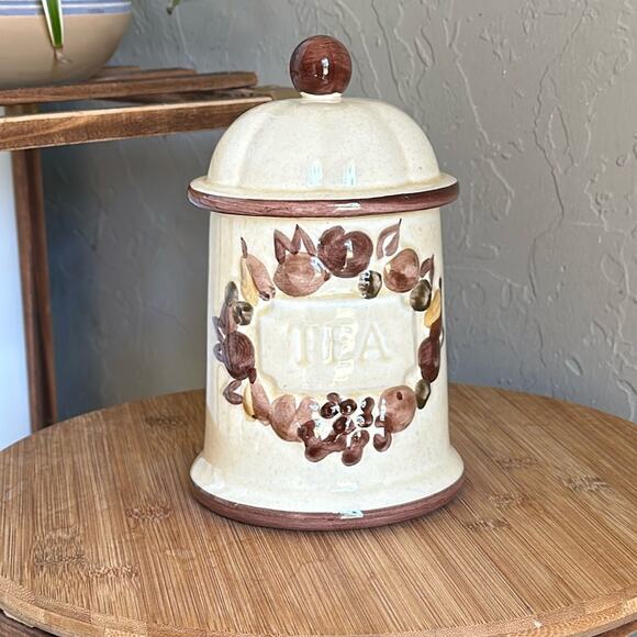 Vintage Ceramic Tea holder canister cottagecore cream and‎ brown with lid - Picture 1 of 6